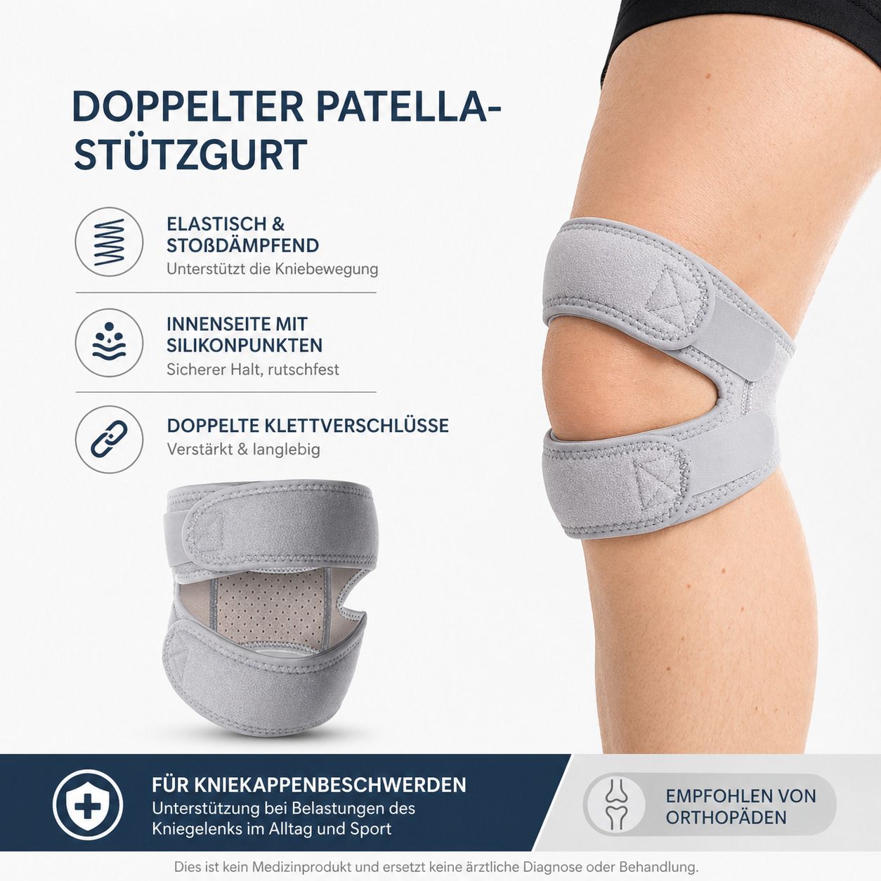 Graue Kniebandage mit Klettverschlüssen, am Knie einer Person befestigt. Text: Doppelte Patella-Stützgurt, elastisch, stoßdämpfend, Silikonpunkte.