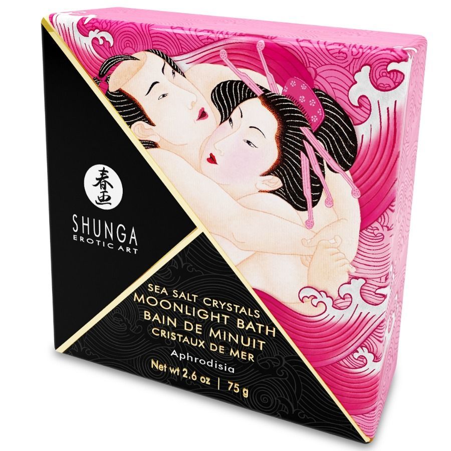 Rosa und schwarze Verpackung mit Illustrationen und Text: Shunga, Moonlight Bath, Aphrodisia.