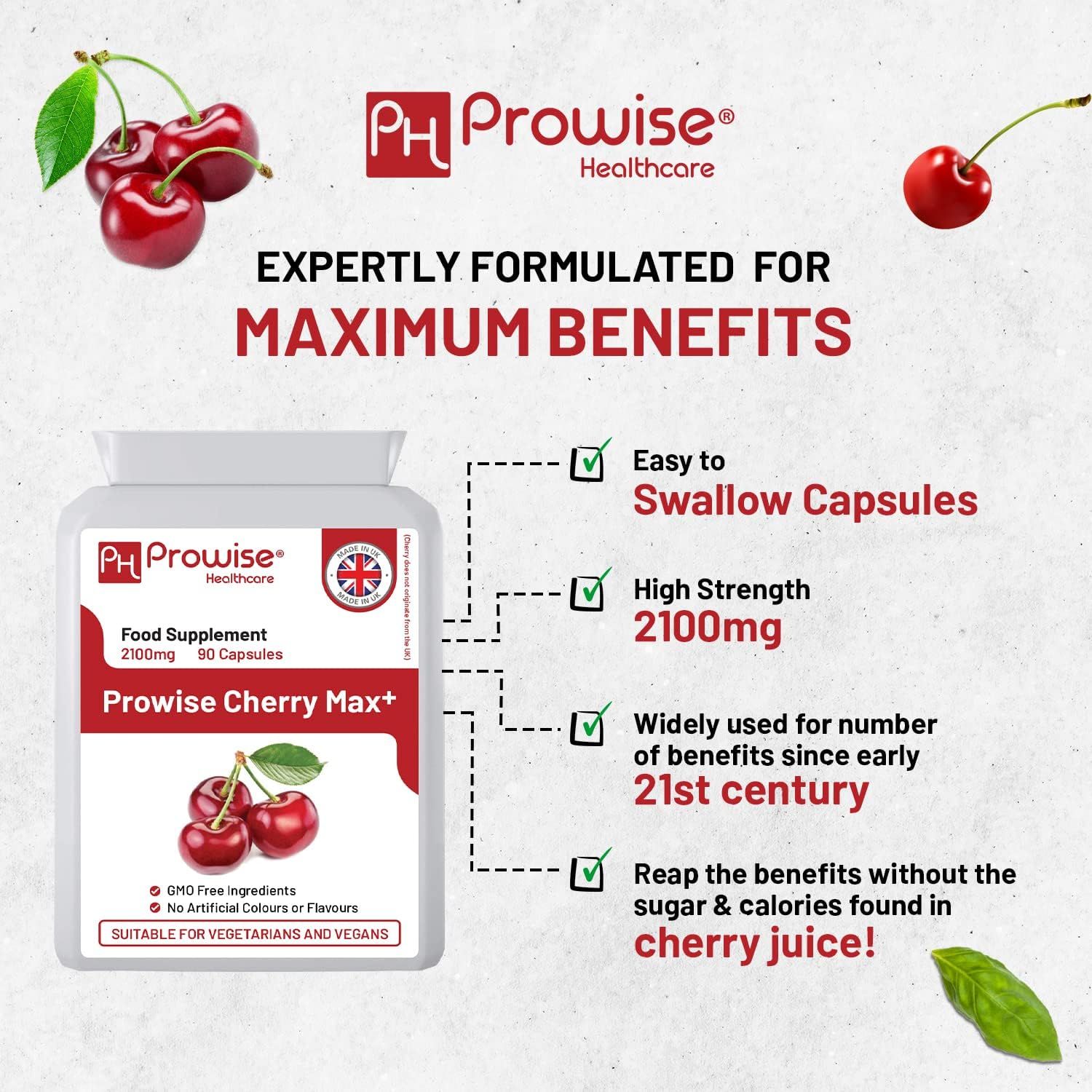 Prowise Cherry Max+ Kapseln Flasche mit Informationen. Hervorgehoben: leicht zu schlucken, hohe Stärke, Vorteile seit dem 21. Jahrhundert.