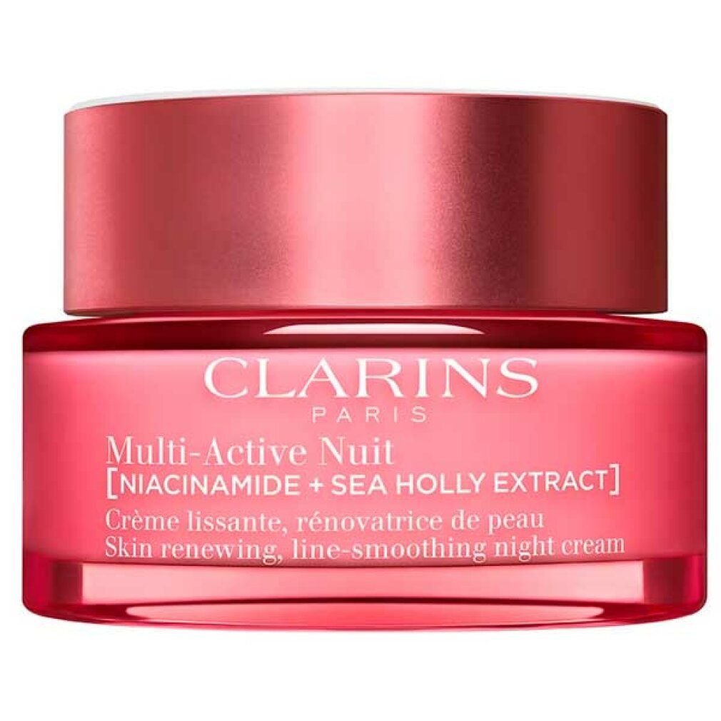 Rosa Tiegel mit Deckel. Text: Clarins Multi-Active Nuit [Niacinamid + Meerfenchel-Extrakt]. Creme für die Nacht.
