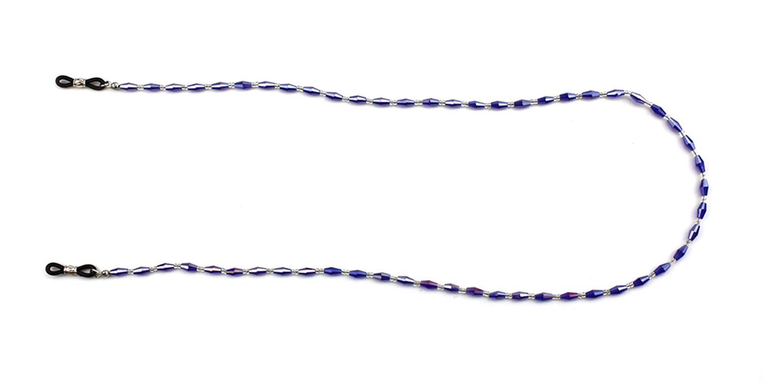 Brillenkette mit blauen Perlen. Schwarze Gummischlaufen an beiden Enden zur Befestigung an der Brille.