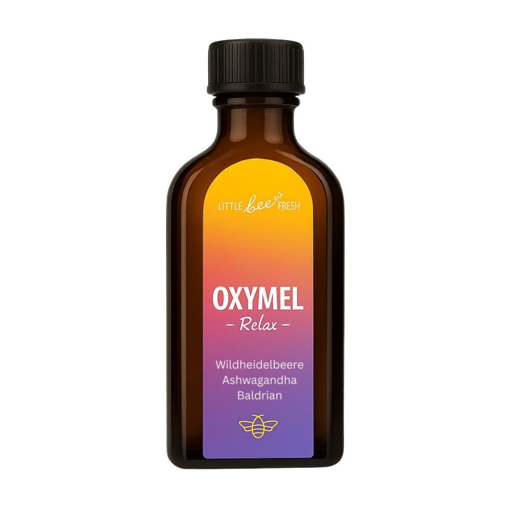 Braune Glasflasche mit schwarzem Deckel. Etikett mit "OXYMEL - Relax" und Inhaltsstoffen. Logo: Biene.