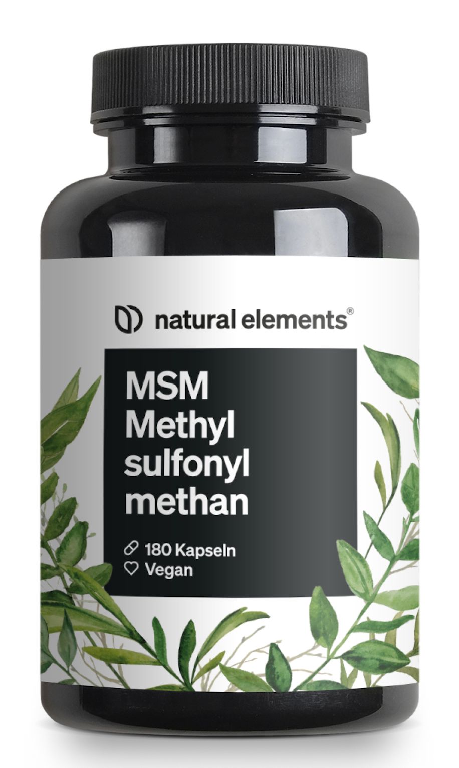 Schwarze Flasche mit weißem Etikett. Aufschrift: MSM Methylsulfonylmethan, 180 Kapseln, Vegan. Grüne Blätter als Dekoration.