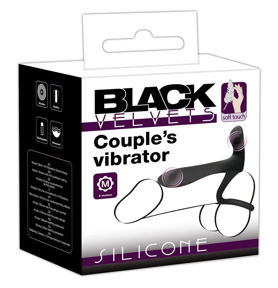 Verpackung von Black Velvets Couple's Vibrator. Enthält Vibrator, Bedienungsanleitung. Silikon.