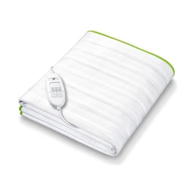 Weißes Wärmeunterbett mit grünem Rand und Bedienelement. Beurer-Logo.