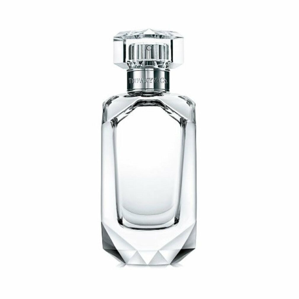 Parfumflakon mit silbernem Verschluss. Klarer Flakon mit Facettenschliff. Auf dem Verschluss steht "Tiffany & Co.".