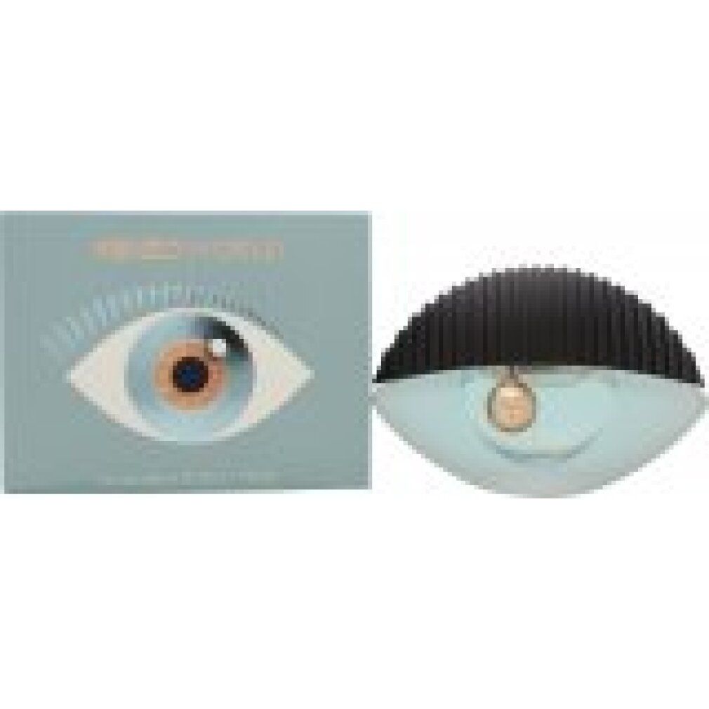 Hellblaues Parfüm in Augenform und Schachtel. Schwarzer Deckel, goldener Anhänger. Aufschrift: KENZO WORLD.