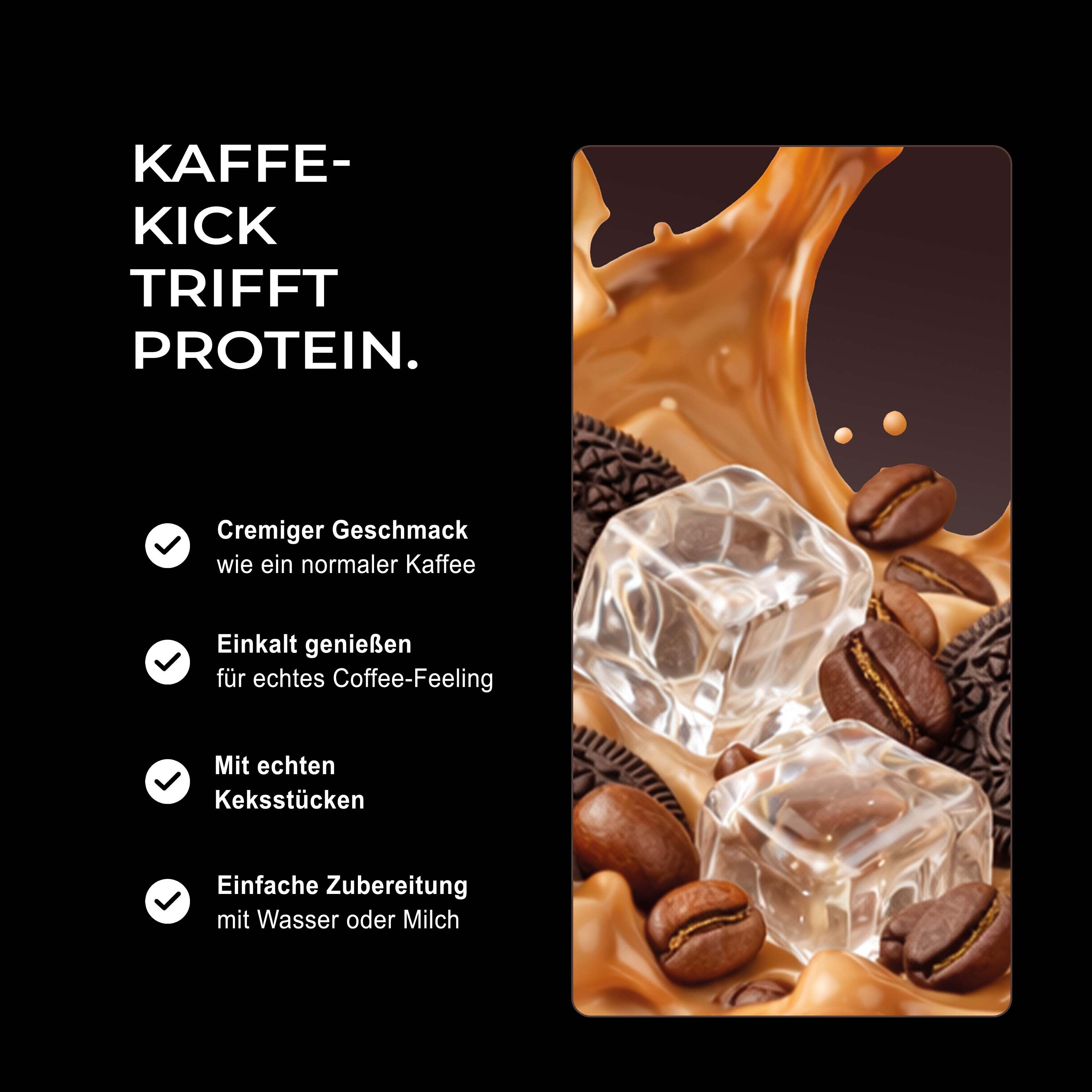 Eiswürfel, Kaffeebohnen und Kekse in cremiger Sauce, Neosupps Protein Coffee.