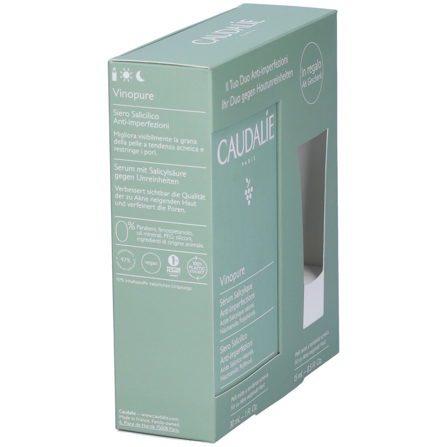 Cofanetto Caudalie Vinopure. Confezione verde e bianca. Testo: Vinopure, Siero, 0% parabeni, oli minerali, PEG, siliconi, ingredienti di origine animale.