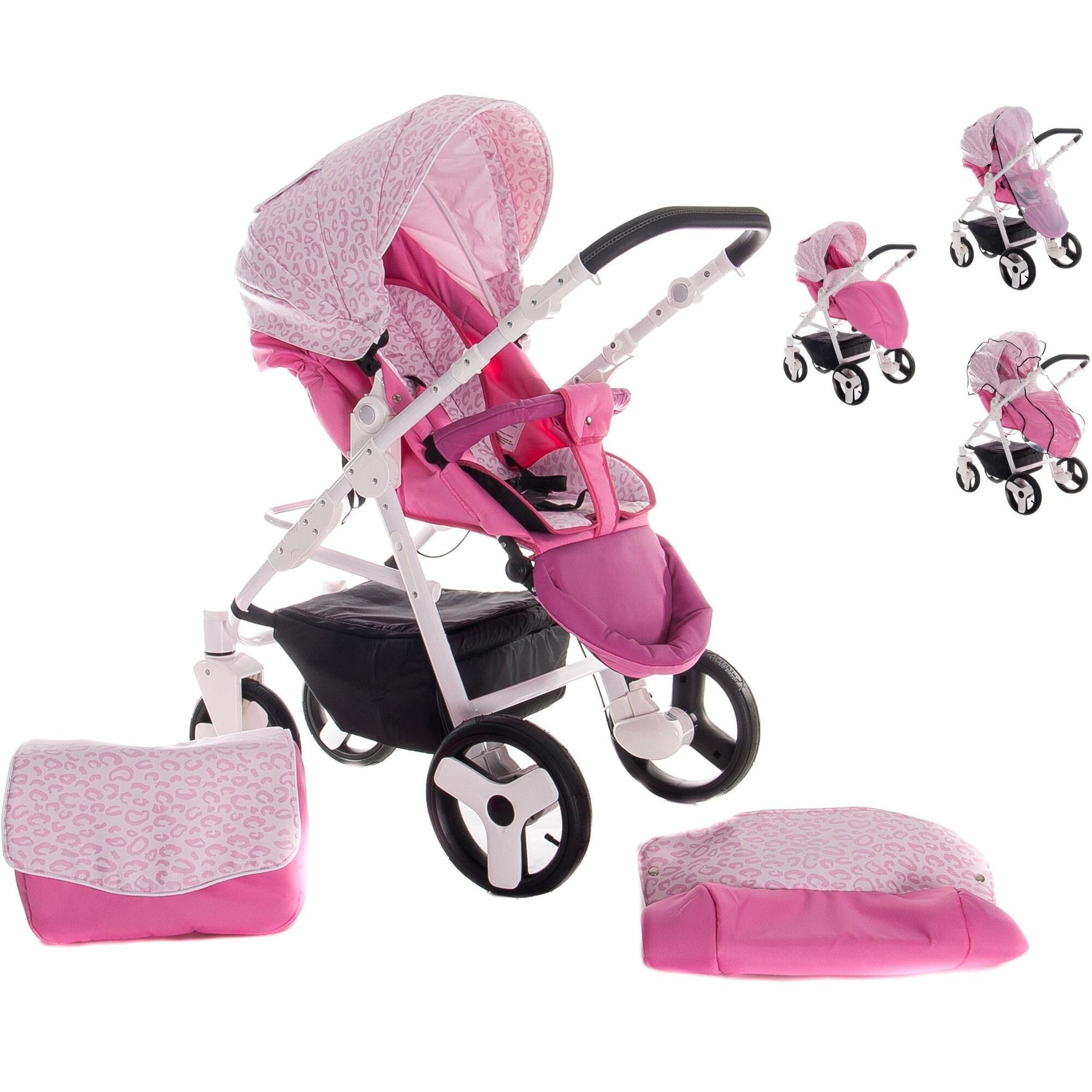 Kinderwagen mit Zubehör. Rosa Leopardenmuster. Tasche, Fußsack. Weißes Gestell, schwarzer Korb. Mehrere Ansichten.