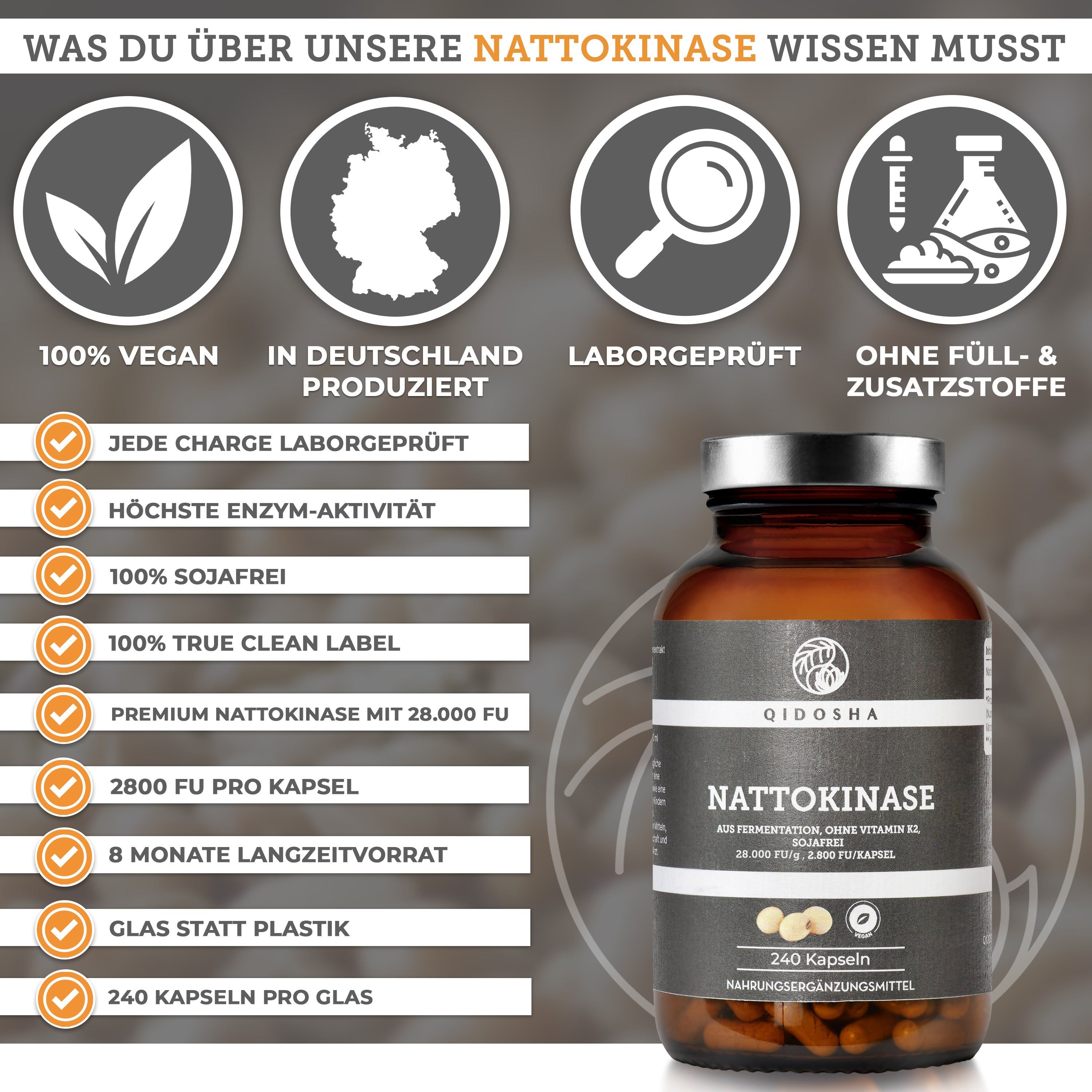 QIDOSHA Nattokinase: Braunglasflasche mit 240 Kapseln. Links: Icons für vegan, Deutschland, Laborprüfung, ohne Füllstoffe. Liste mit Produkteigenschaften.
