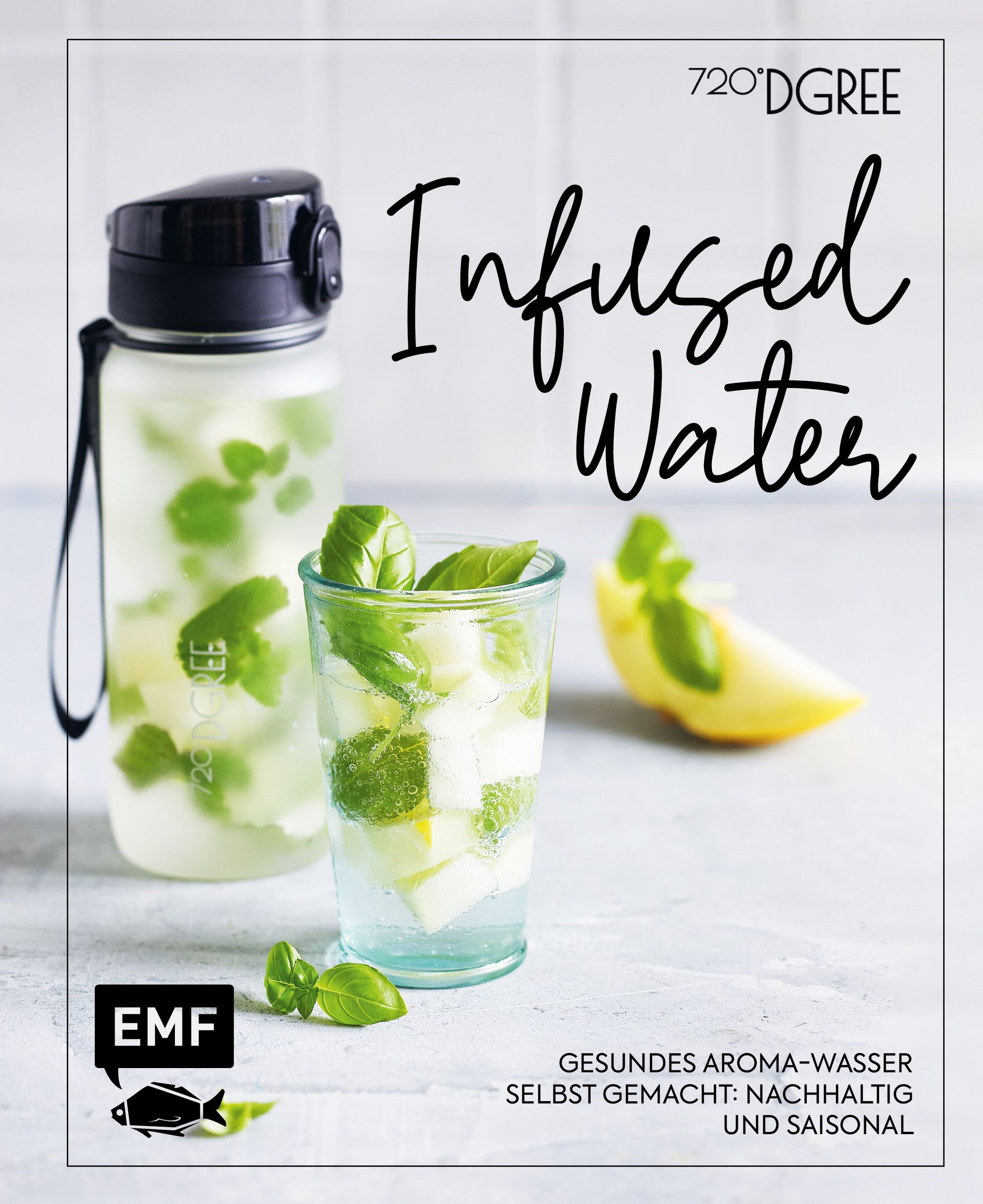 Wasserflasche und Glas mit Infused Water. Basilikum und Zitronenstückchen. Text: Gesundes Aroma-Wasser selbst gemacht: nachhaltig und saisonal.