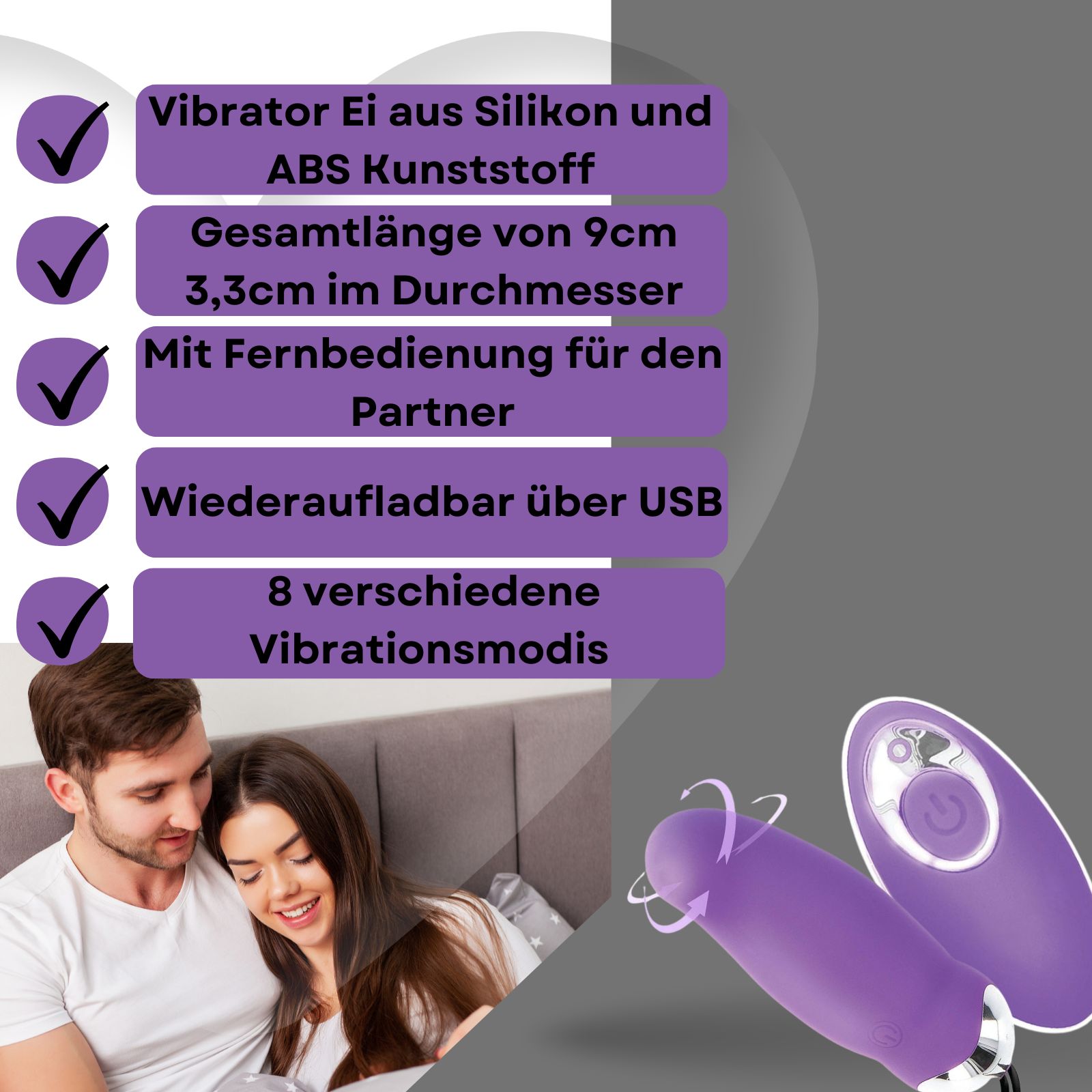 Lila Vibrator mit Fernbedienung. Aus Silikon und ABS. 8 Vibrationsmodi.