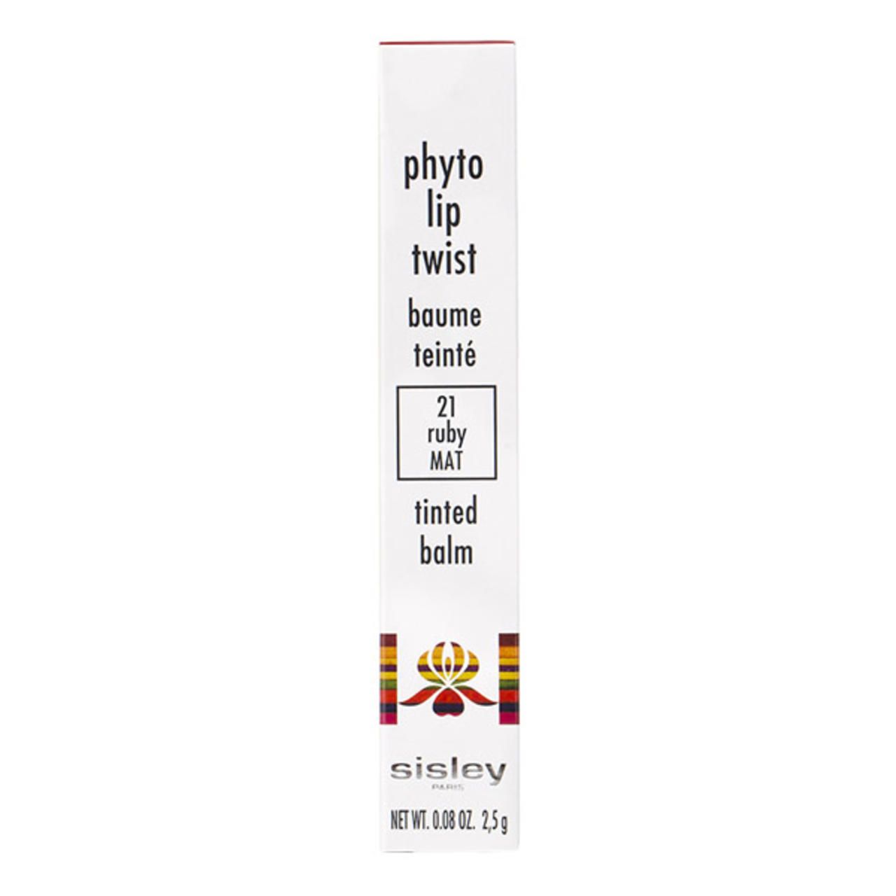 Kartonverpackung für einen Lippenbalsam. Aufschrift: Phyto-Lip Twist, 21 Ruby Mat, Sisley.