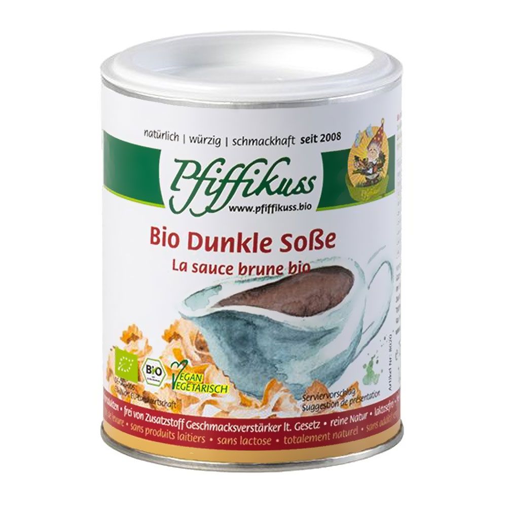 Zylindrische Dose mit Aufschrift "Bio Dunkle Soße". Grün-weißer Streifen mit Logo. Bio-Siegel und vegetarisch.