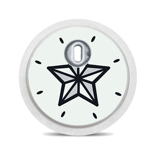 Runder Aufkleber mit Stern auf hellgrünem Hintergrund. Oben ein silberfarbener Sensor.