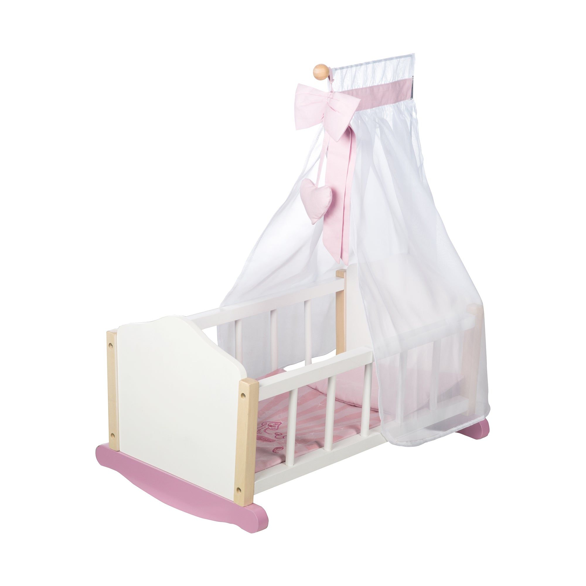 Puppenwiege mit Baldachin, Schleife und Herzanhänger. Rosa und weißes Design.