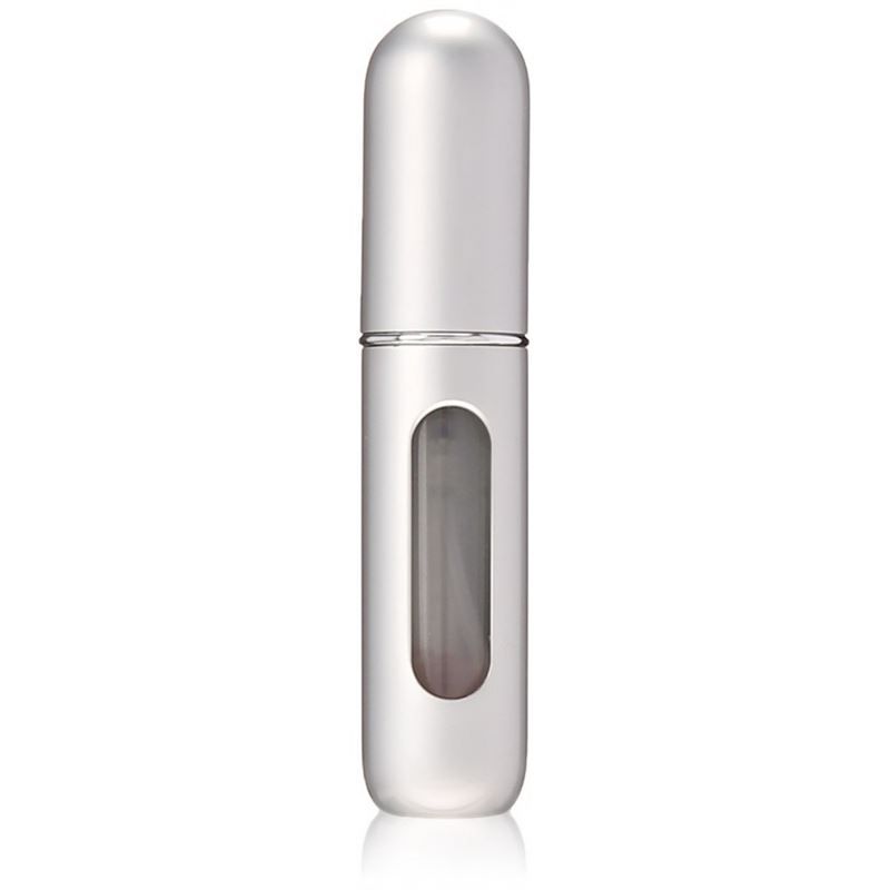 Silberne, zylindrische Sprühflasche mit transparentem Sichtfenster. Kappe oben. Vertikale Ansicht.