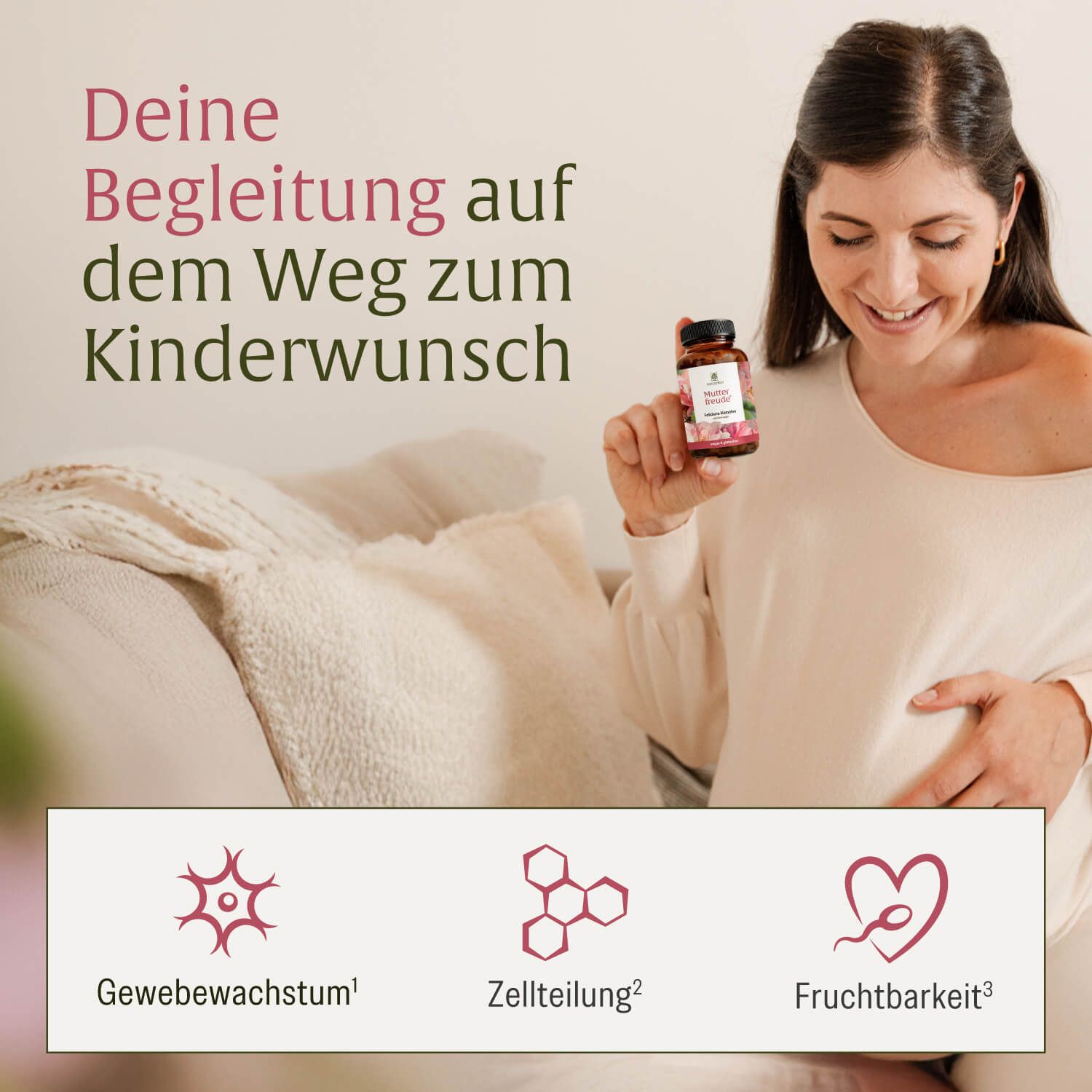 Schwangere Frau hält NATURTREU® Mutterfreude Folsäure-Komplex Flasche. Icons für Gewebewachstum, Zellteilung, Fruchtbarkeit.