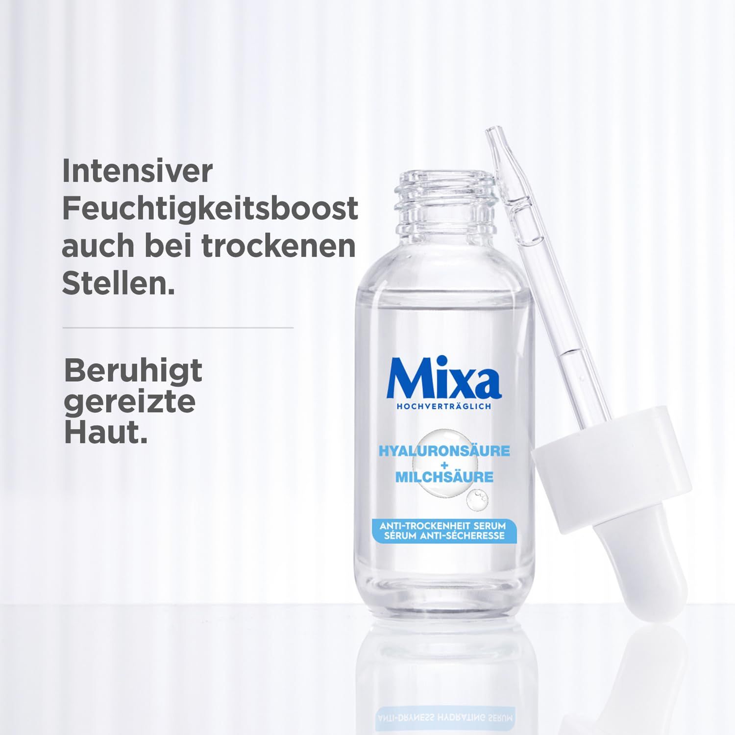 Flasche Mixa Serum mit Pipette. Text: Intensiver Feuchtigkeitsboost auch bei trockenen Stellen. Beruhigt gereizte Haut.