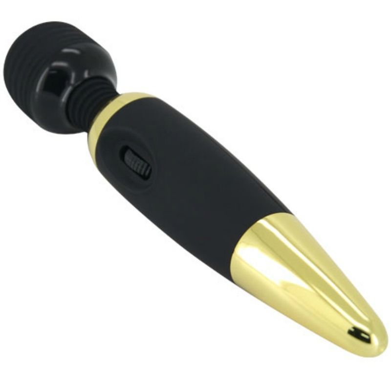 Schwarzer und goldfarbener Massagestab. Schwarzer Kopf, goldfarbenes Mittelteil und Spitze. Ein/Aus-Schalter.