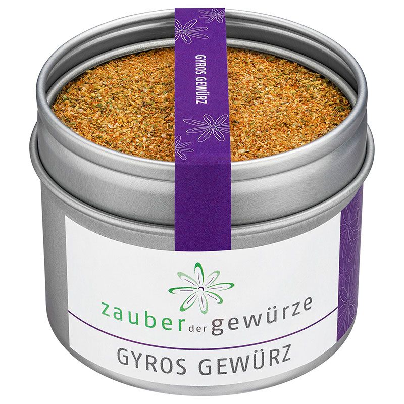 Runde Dose mit Gyros Gewürz. Aufkleber mit Schriftzug "Zauber der Gewürze" und "Gyros Gewürz". Lila Band mit Schriftzug.