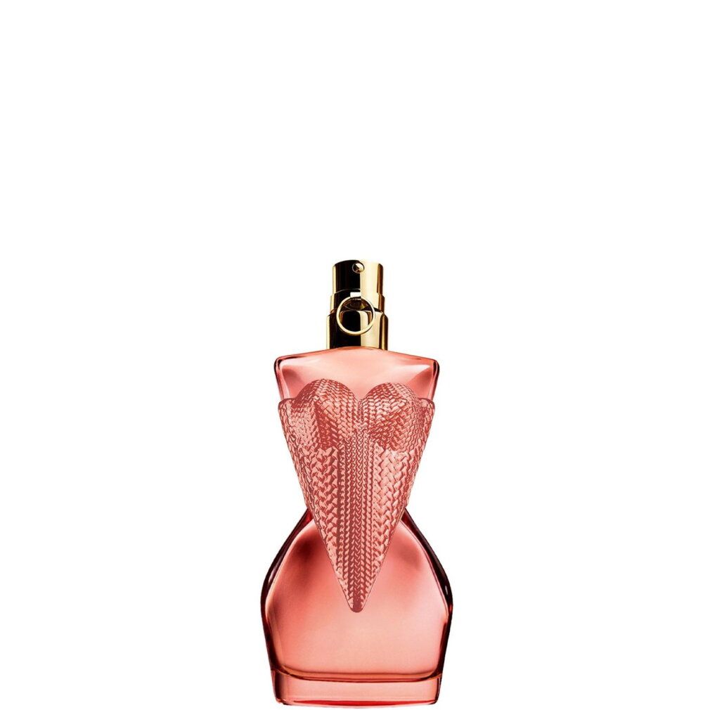 Jean Paul Gaultier Flakon in Form einer weiblichen Silhouette mit goldenem Herzdetail und rosa Flüssigkeit.