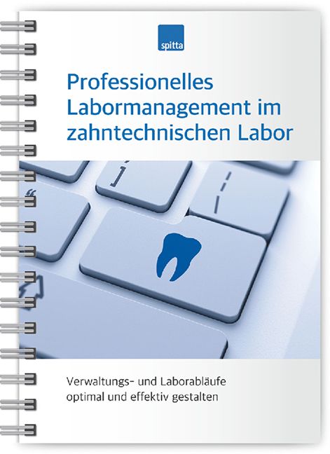 Buch mit dem Titel "Professionelles Labormanagement im zahntechnischen Labor". Auf dem Cover eine Tastatur mit Zahn-Symbol.