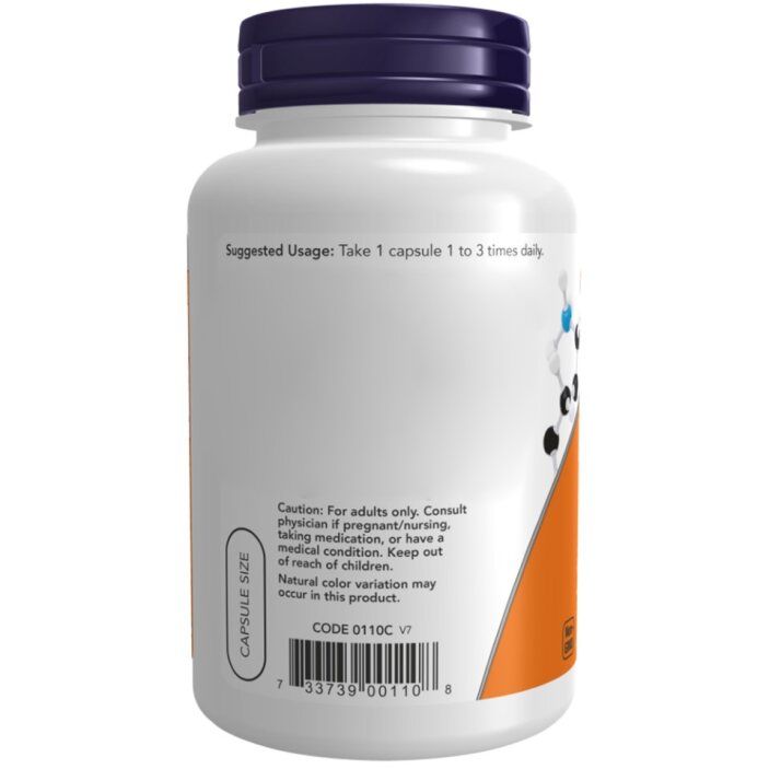 Rückseite der Now Foods L-Lysine 500mg Flasche mit Anwendungshinweisen und Warnhinweisen.