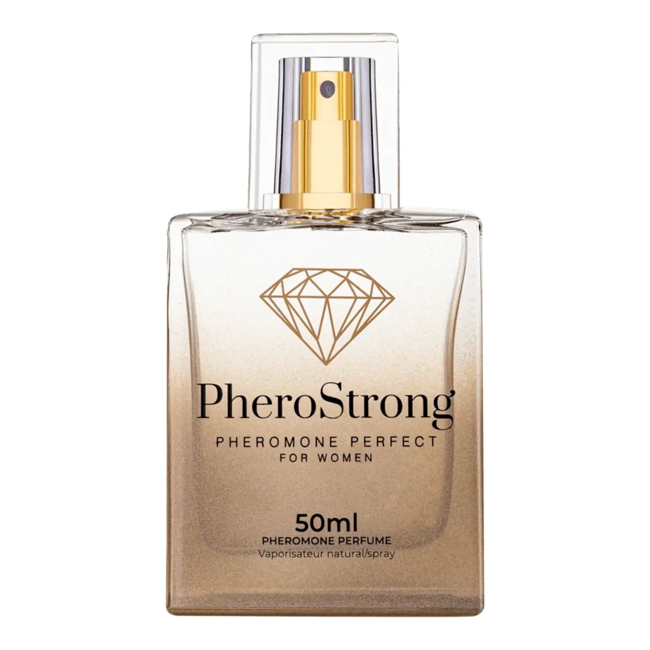 Parfümflakon mit goldenem Sprühkopf. Quadratische Form, Schriftzug PheroStrong, Diamant-Logo. Produktinformationen: 50ml, Pheromon-Parfüm.