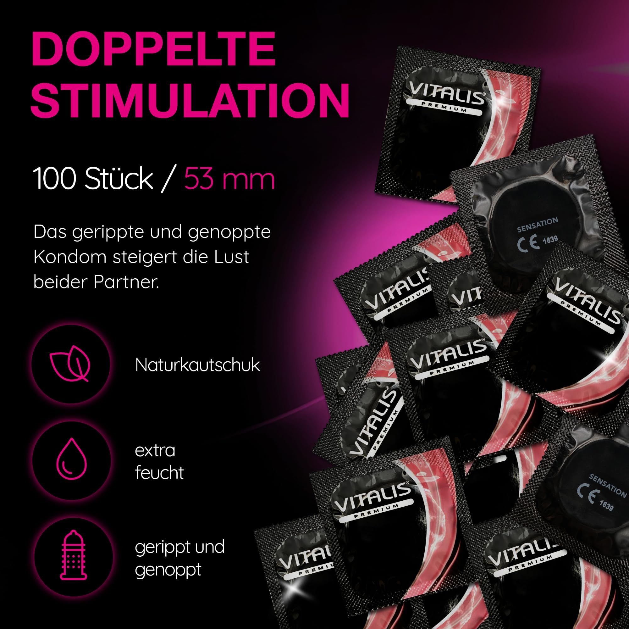 Vitalis Sensation Kondome: 100 Stück, 53mm. Geringelt und genoppt für doppelte Stimulation.