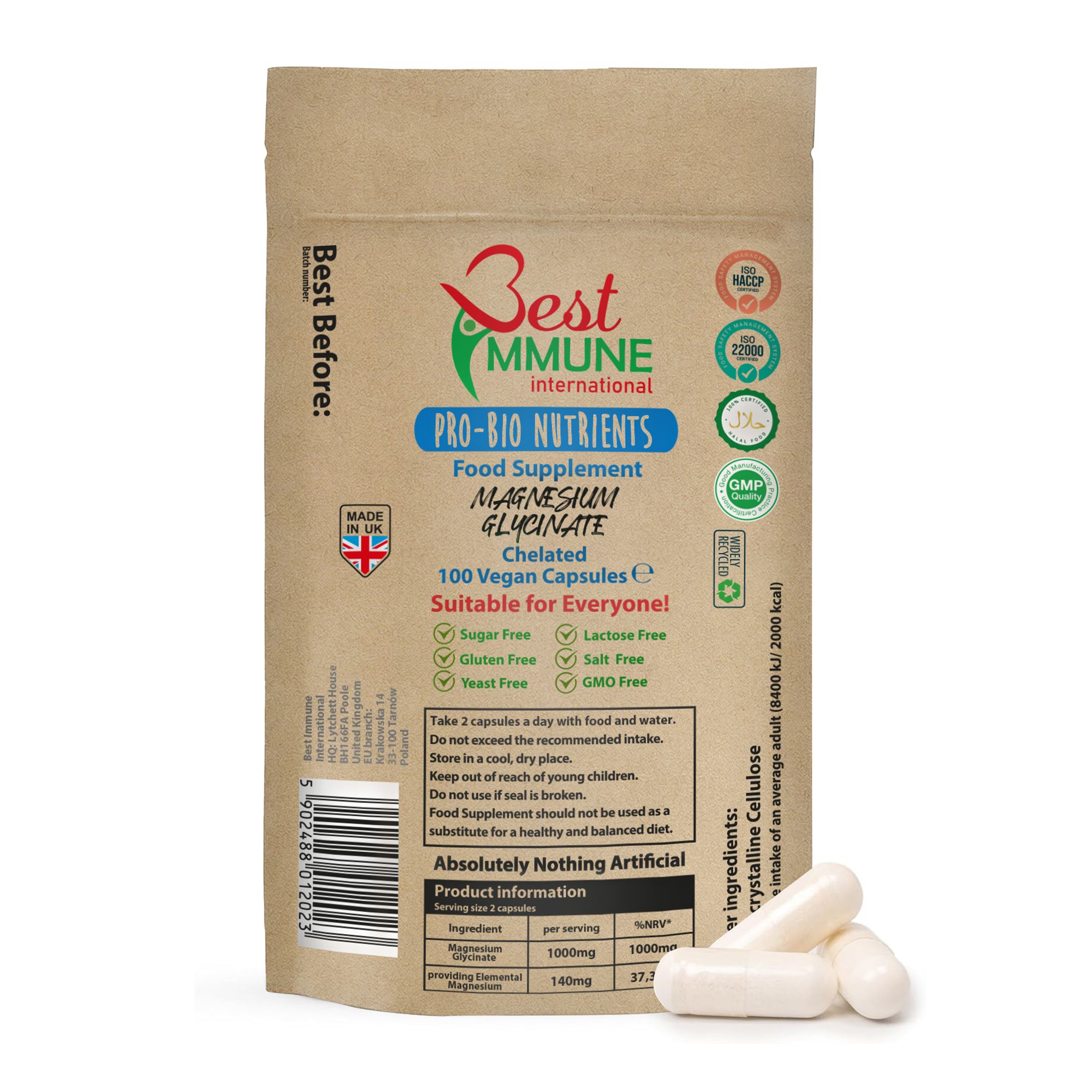 Braune Papiertüte mit Magnesiumglycinat-Kapseln. 100 vegane Kapseln, zuckerfrei, glutenfrei.