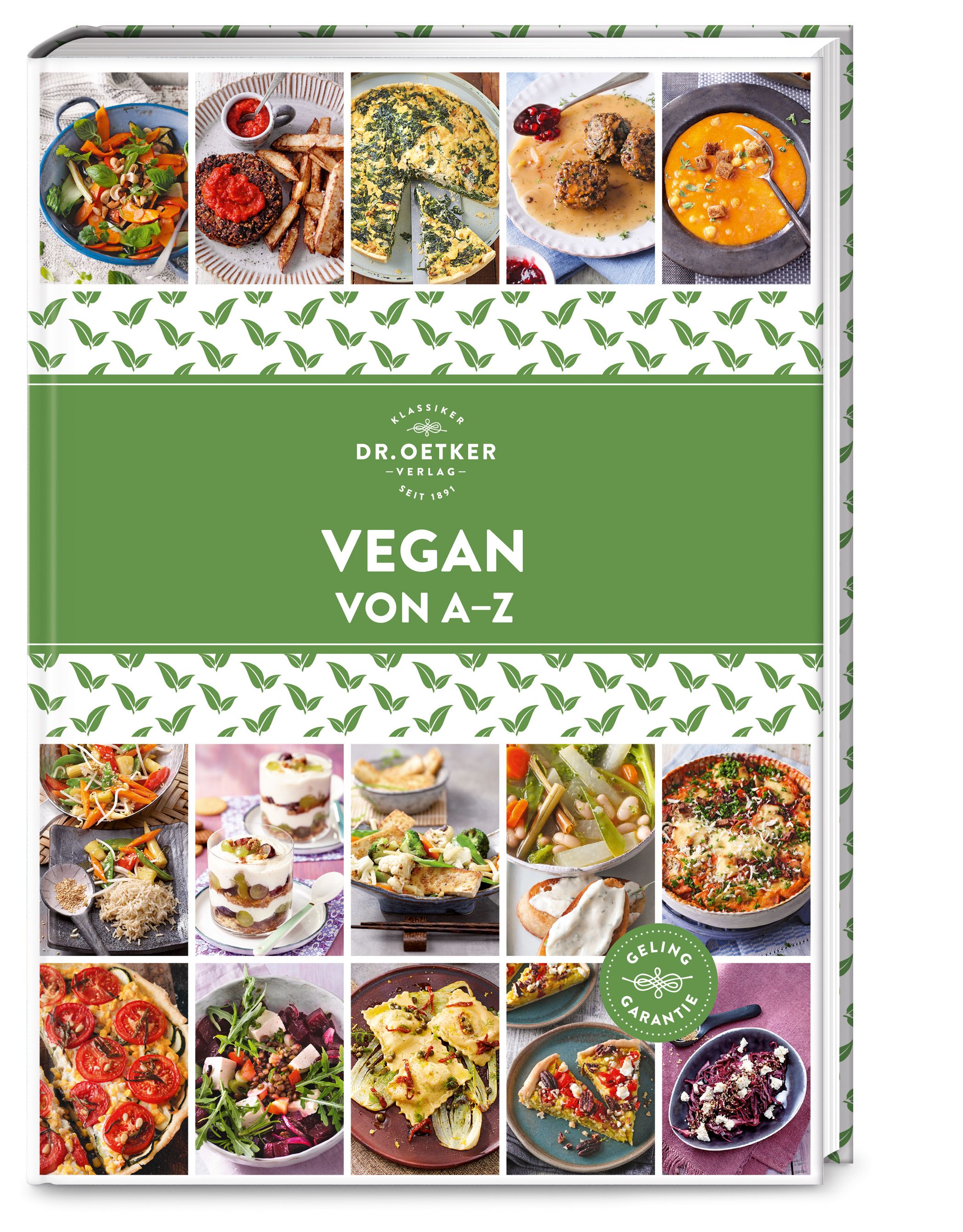 Buch "Vegan von A-Z". Grüner Einband mit Fotos von veganen Gerichten. Logo Dr. Oetker.
