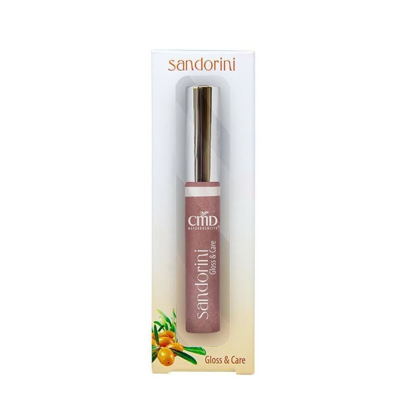 Lipgloss in Verpackung. Silberne Kappe, rosa Tube mit Schriftzug "sandorini Gloss & Care".