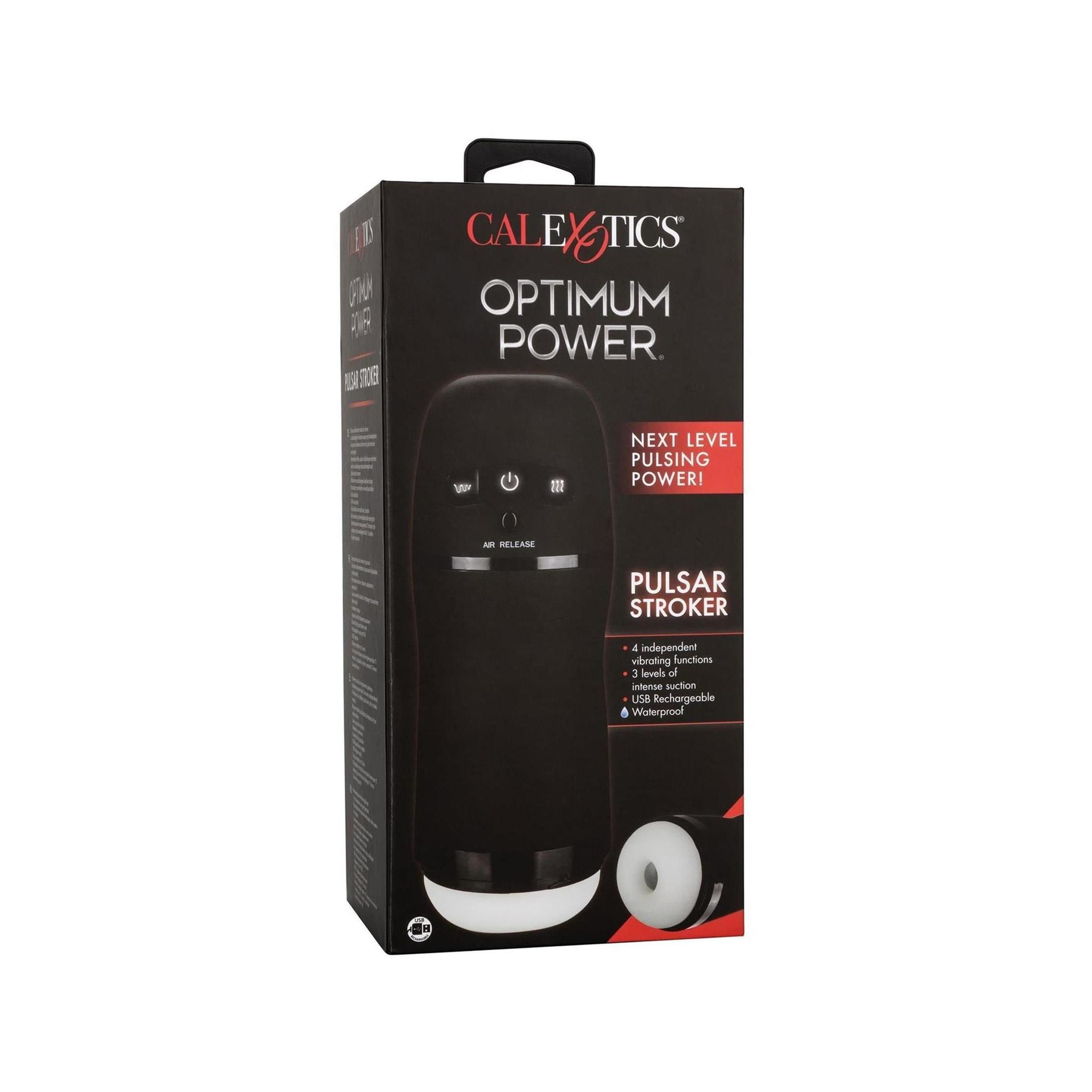 Verpackung mit Produkt. Schwarze Verpackung mit Produktabbildung und Text: CalExotics, Pulsar Stroker.