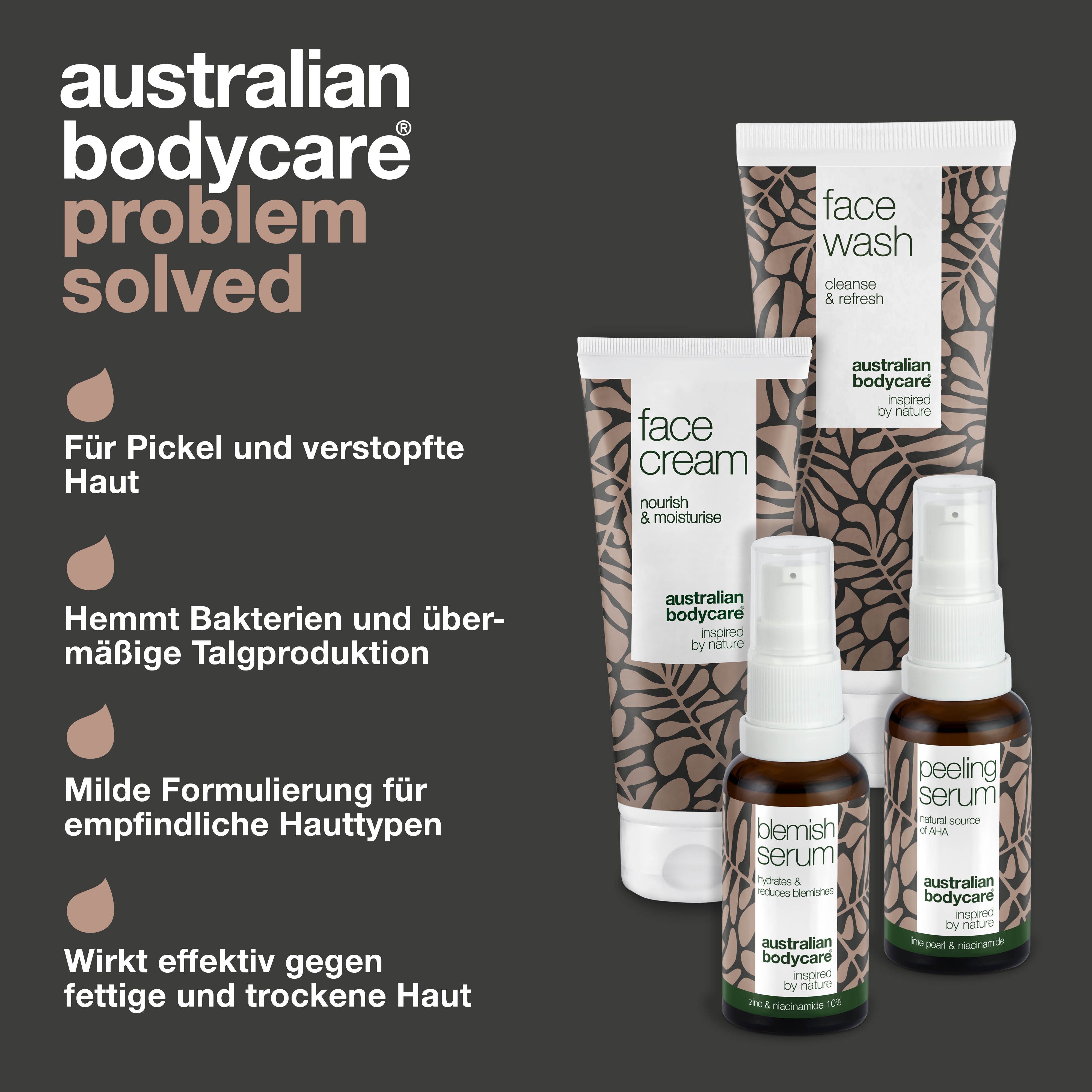 Australian Bodycare Set. Produkte: Face Wash, Face Cream, Peeling Serum, Blemish Serum. Text: Problem gelöst. Für Pickel und verstopfte Haut.