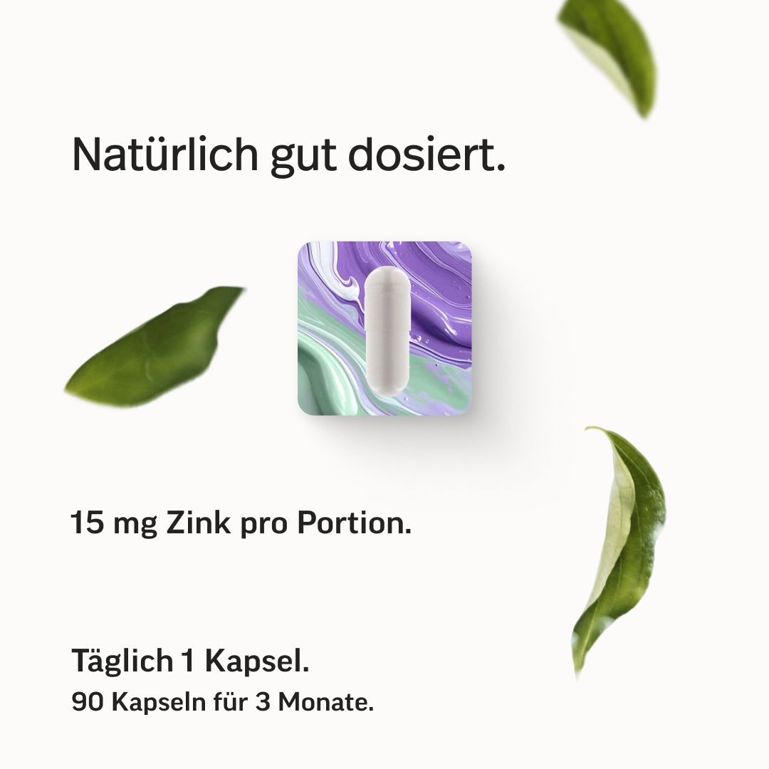 Kapsel auf lila-grünem Hintergrund. Text: 15 mg Zink pro Portion. Täglich 1 Kapsel. 90 Kapseln für 3 Monate.