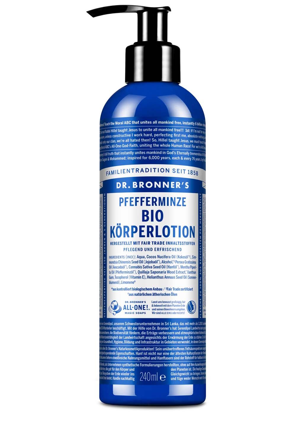 Blaue Flasche mit schwarzem Spender. Aufschrift: Dr. Bronner's Bio Körperlotion Pfefferminze. Text in Weiß.