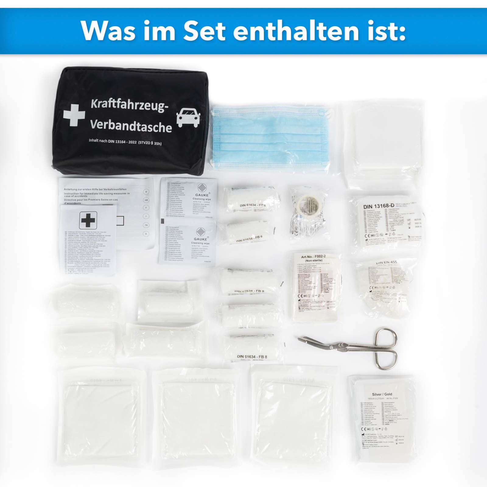 KARAT KFZ-Verbandtasche - Erste Hilfe Set - DIN 13164:2022 mit zwei Masken