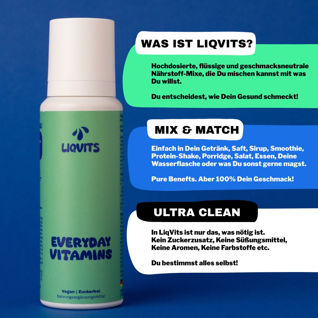 Grüne Flasche mit weißem Sprühkopf. Aufschrift: LIQUITS, EVERYDAY VITAMINS. Text auf grünem Hintergrund.