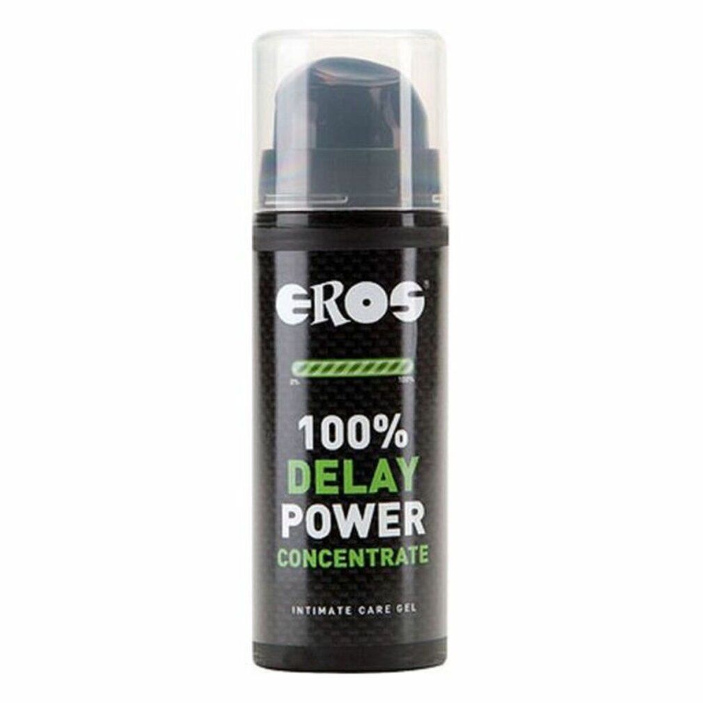 Schwarze Flasche mit transparentem Deckel. Aufschrift: EROS, 100% DELAY POWER CONCENTRATE. Intimate Care Gel.