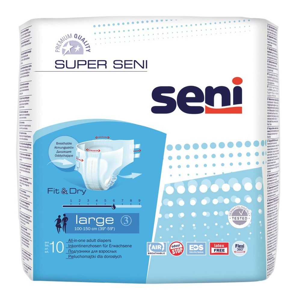 Verpackung mit Inkontinenzhosen. Marke: Super Seni. Größe: Large. 10 Stück. Blaue und weiße Verpackung mit Produktabbildung.