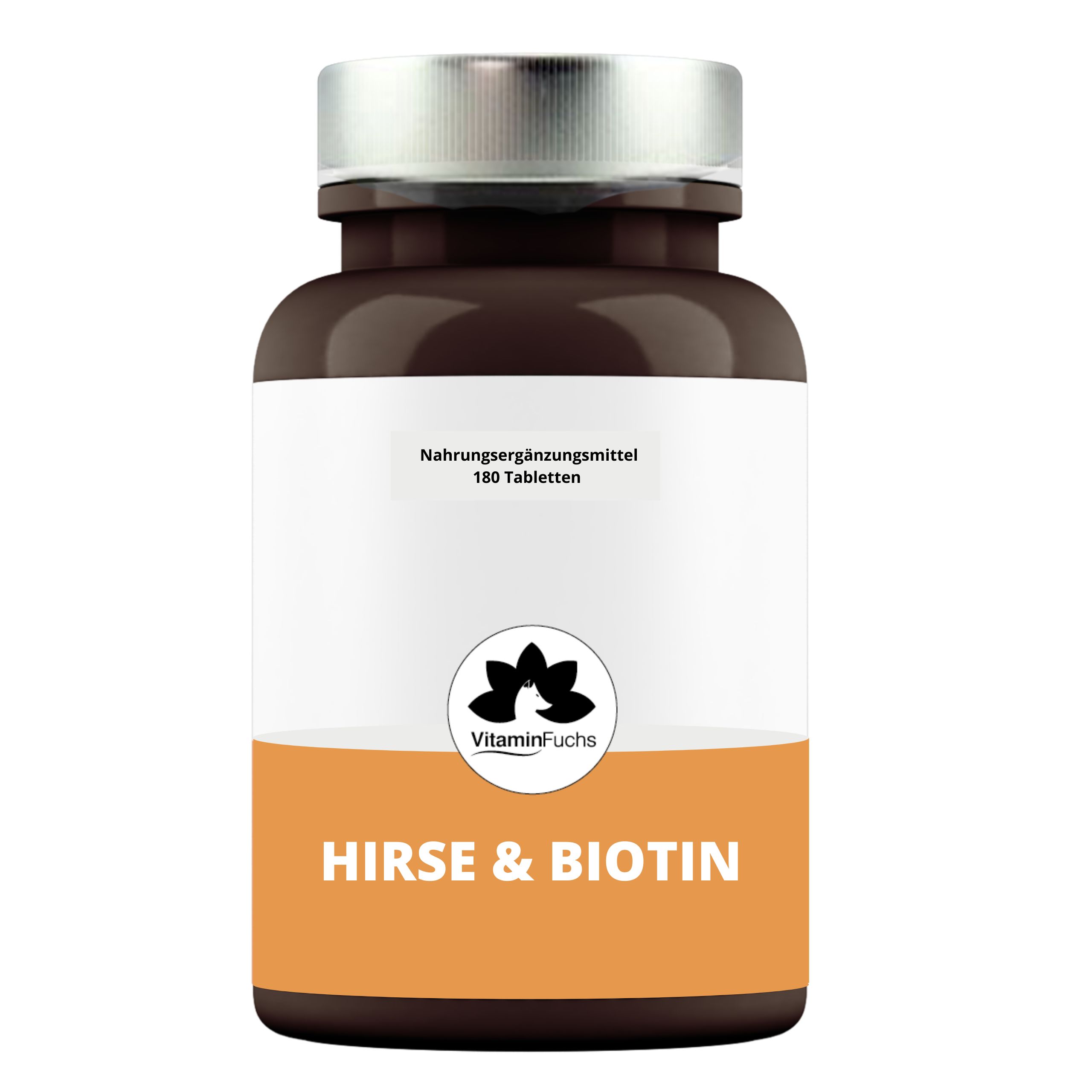 Braune Tablettenflasche mit weißem Etikett. Aufschrift: Hirse & Biotin, VitaminFuchs Logo, 180 Tabletten.
