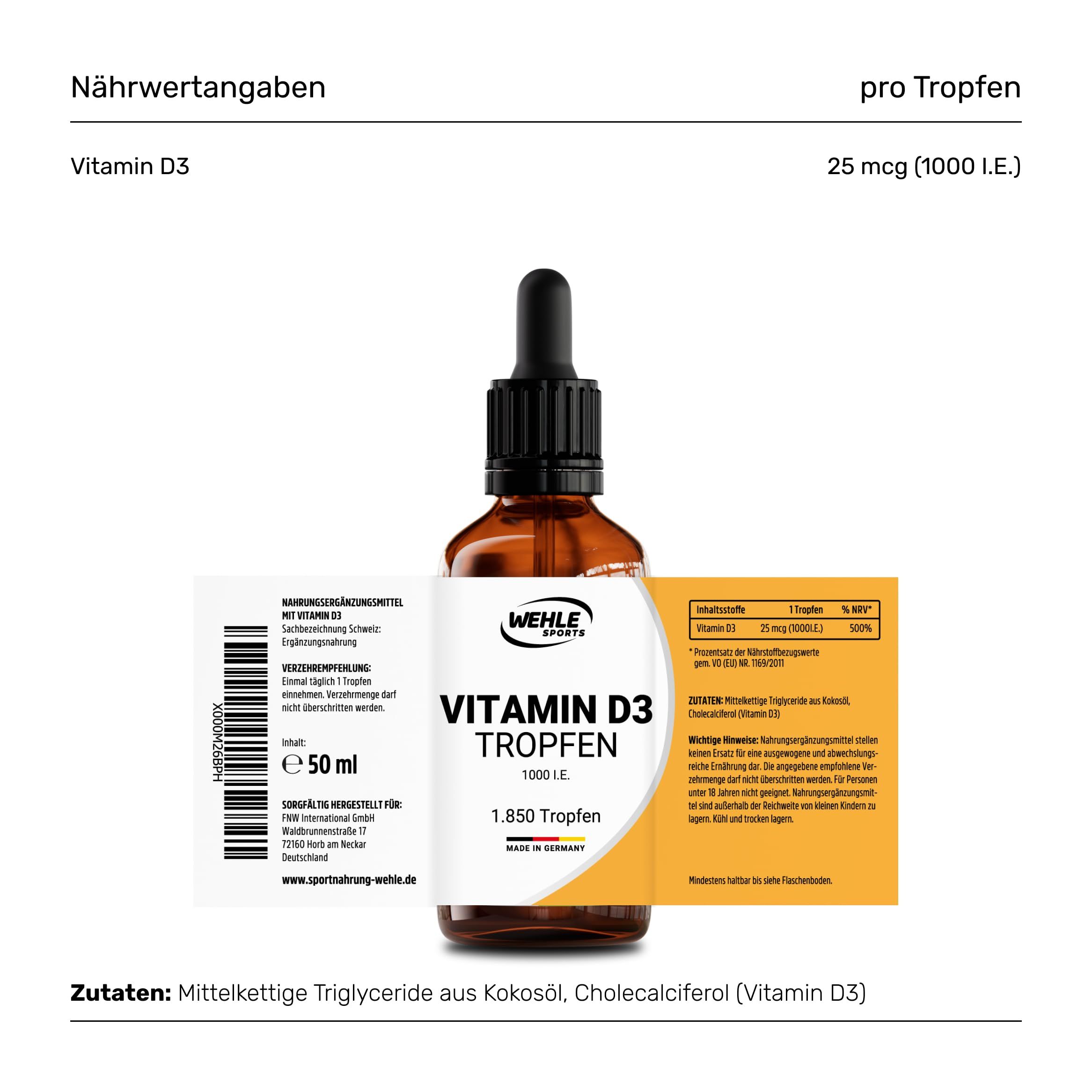 Braune Glasflasche mit Tropfer, Etiketten mit Produktinformationen. Aufdruck: Vitamin D3 Tropfen, 1000 I.E., 50 ml.