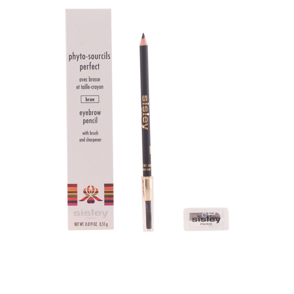Sisley Phyto Sourcils Perfect Augenbrauenstift mit Verpackung und Anspitzer. Schwarzer Stift, goldfarbene Akzente, Verpackung weiß.