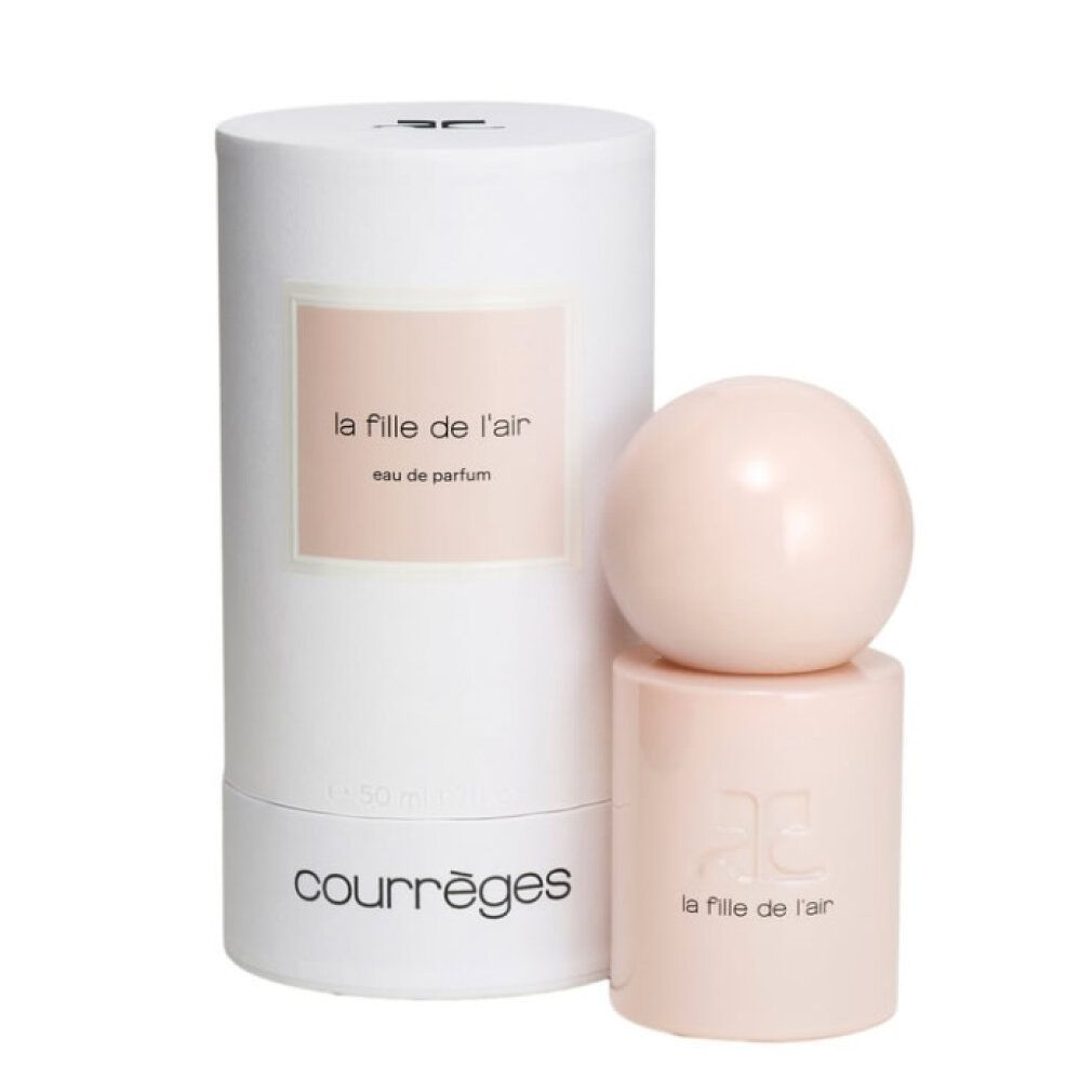 Courrèges La Fille de l'Air Eau de Parfum Flakon und Verpackung. Rosa Flakon mit kugelförmigem Verschluss.