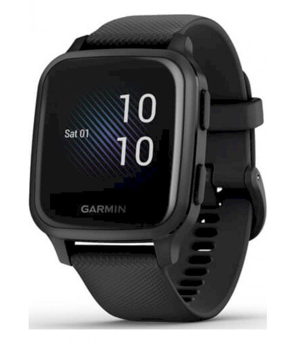 Schwarze Garmin Smartwatch mit digitaler Anzeige. Zeigt Uhrzeit und Datum. Schwarzes Armband mit Textur.