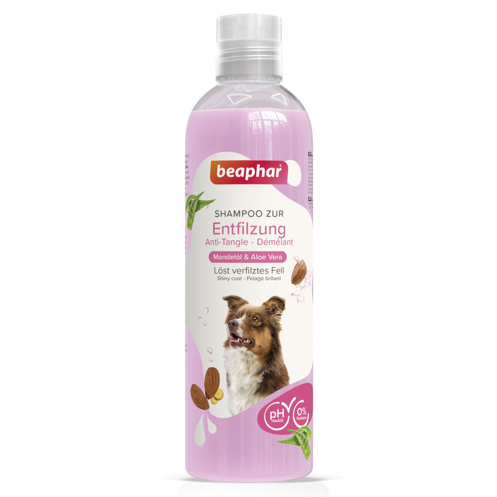 Beaphar Shampoo-Flasche. Text: Shampoo zur Entfilzung, Mandelöl & Aloe Vera. pH-neutral, 0% Parabene.
