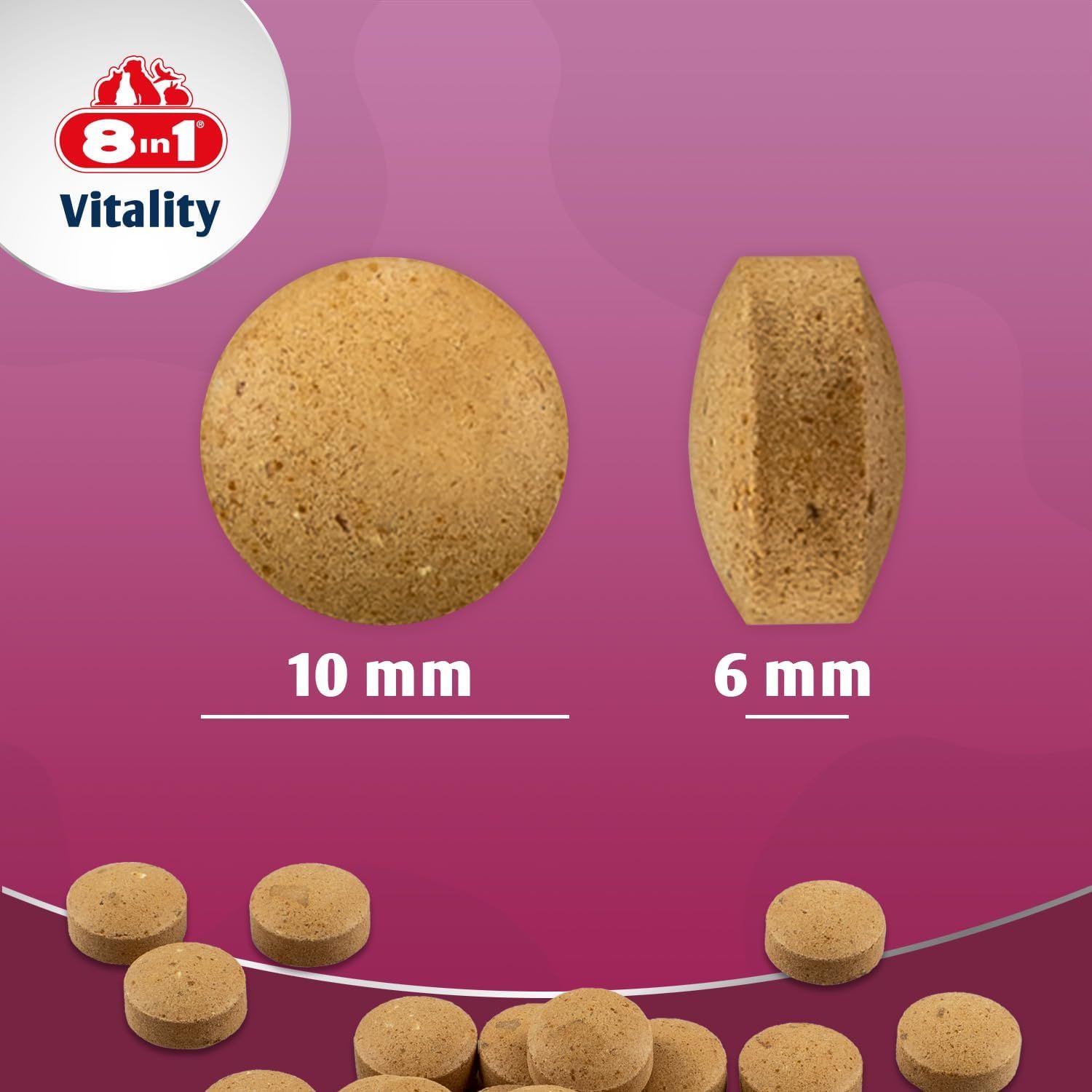 Zwei Tabletten: eine runde (10 mm) und eine ovale (6 mm). Mehrere Tabletten sind unten abgebildet.