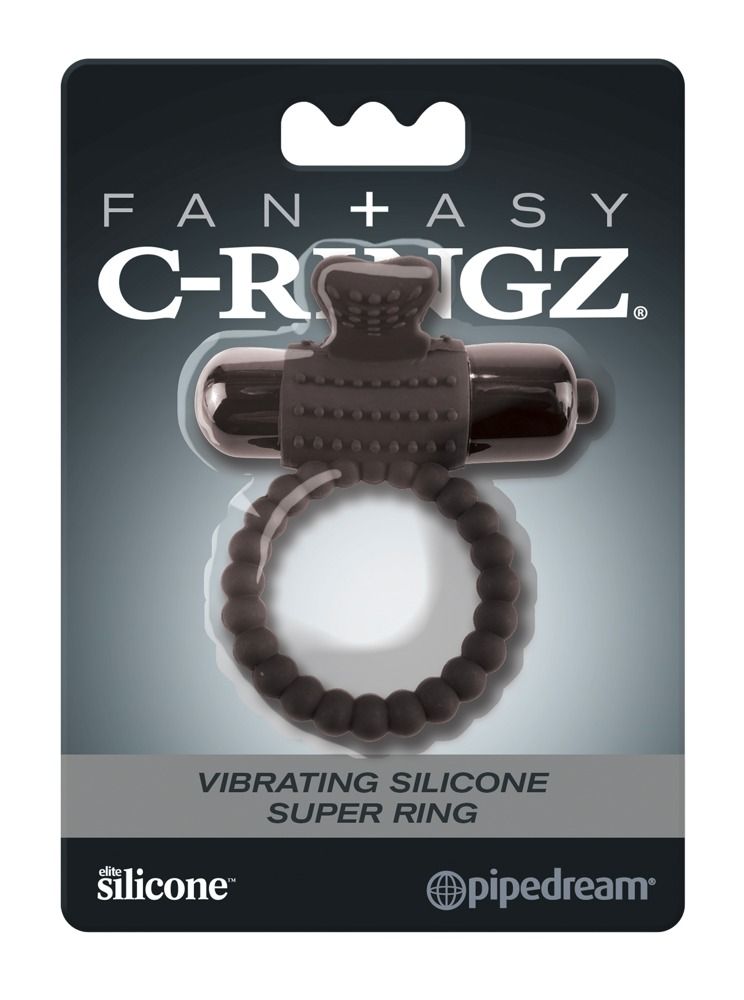 Fantasy C-Ringz Verpackung mit schwarzem Silikonring und perlmuttfarbenem Vibrator.